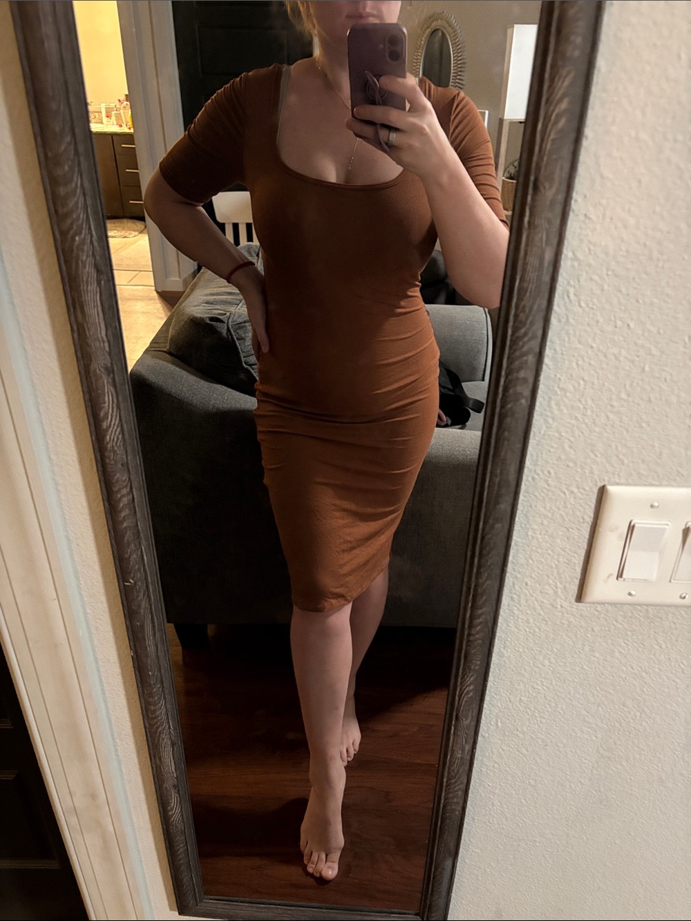 Bodycon Scoop Neck Midi Dress in Brown